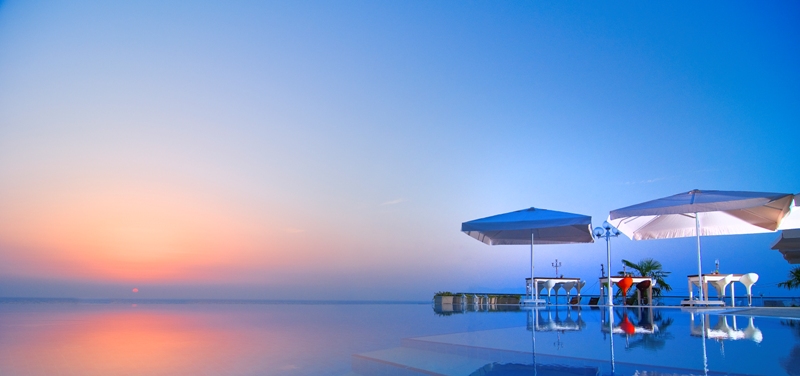 Sunset over Kuşadası bay seen from the sea-view terrace at La Vista Boutique Hotel