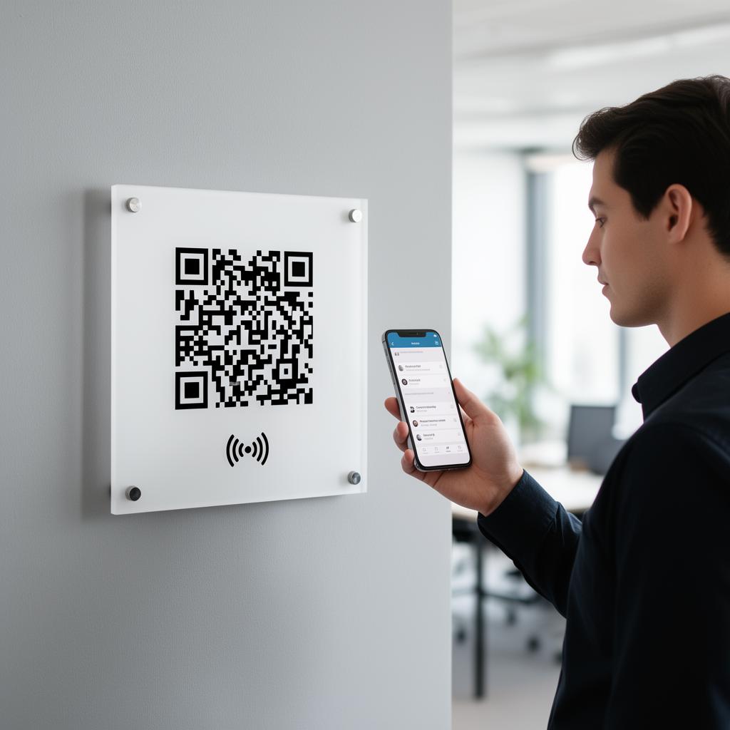 Kapı girişinde QR kod okutan kişi